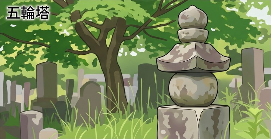 五輪塔のイメージ図 — 下から四角・球・三角の屋根・半月・宝珠を積み上げた石塔。画像の左上に「五輪塔」の文字が入っています