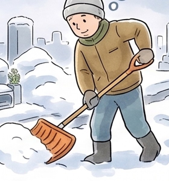 雪の墓地で、男性がスコップで雪をかいているイメージ図