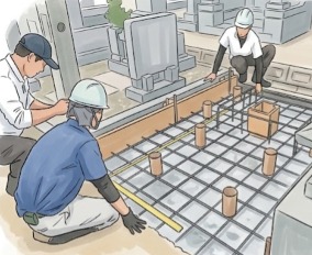 基礎工事のイメージ図 — 区画に鉄筋を格子に組み、型枠を当てて、寸法を測っているようす