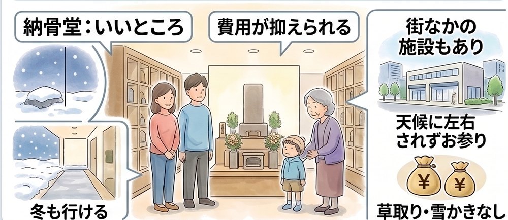 屋内の納骨堂のイメージ図 — 家族がお参りしているようすと、「冬も行ける」「天候に左右されずお参り」「草取り・雪かきなし」「街なかの施設もあり」「費用が抑えられる」の説明