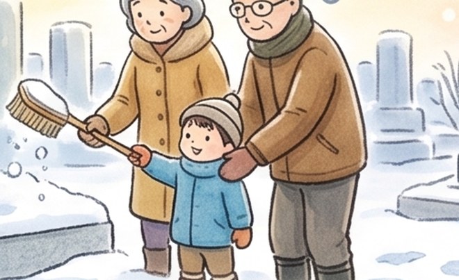 雪の墓地で、祖父母と子どもの三世代が並び、墓石に積もった雪をはらっているイメージ図